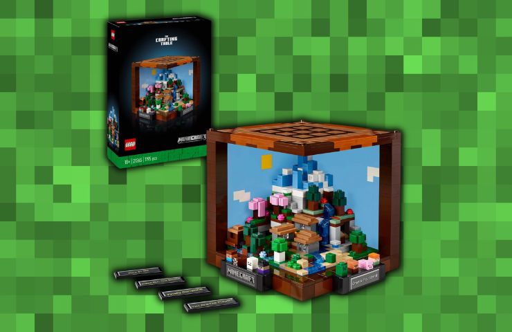 LEGO banco da lavoro di Minecraft con confezione del prodotto su sfondo pixel verde