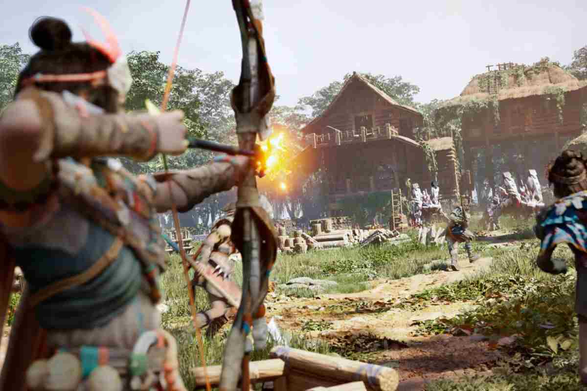 ragazza scaglia frecca infuocata verso un villaggio rurale