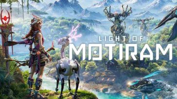 cover light of motiram con ragazza con arco di spalle con accanto un animale elettrico, che osserva da lontano un enorme animale elettrico, separati da un fiume