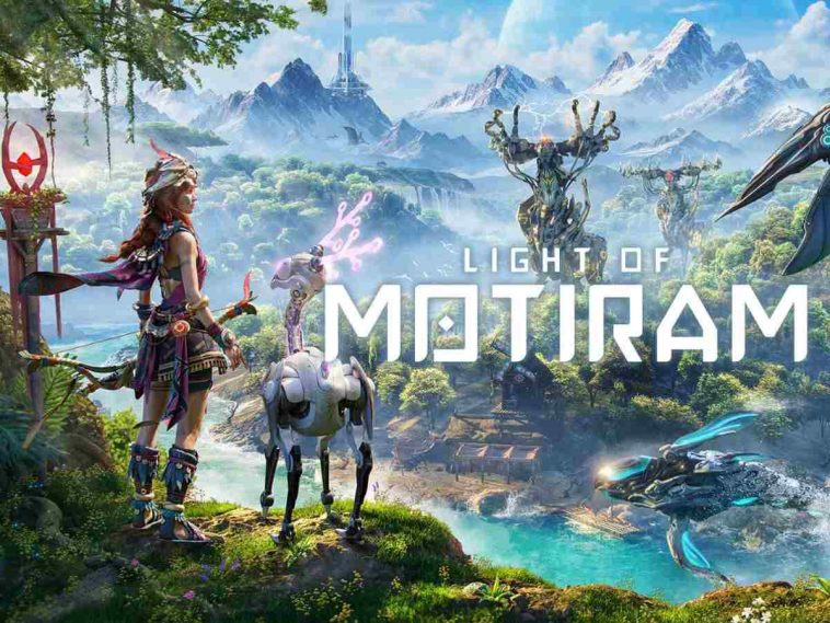 cover light of motiram con ragazza con arco di spalle con accanto un animale elettrico, che osserva da lontano un enorme animale elettrico, separati da un fiume