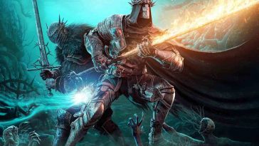 Davanti cavalere con corona a punta e spada infuocata, dietro cavaliere con spada in metallo