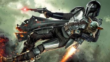 key art della serie tv "The Mandalorian" su Disney+ con il Mandaloriano che spara con due pistole mentre vola