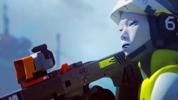 personaggio di Marathon con maschera bianca con in braccio fucile grigio con inserti arancione