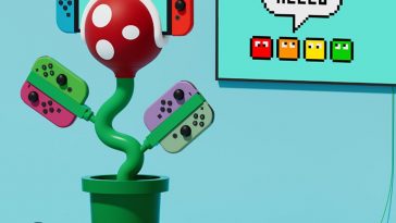 Dock per Switch ispirato a Super Mario a forma di pianta piranha con dentro nintendo switch e joy-con su una scrivania, sullo sfondo fantasmini che salutano