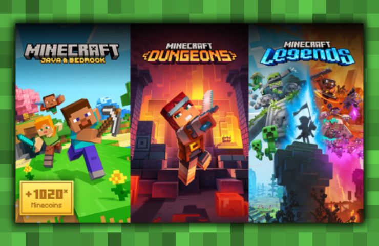 triplo bundle con le tre copertine affiancate dei giochi Minecraft, Minecraft Dungeons e Minecraft Legends su sfondo pixel verde