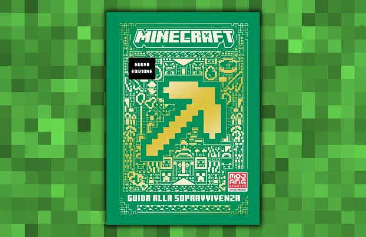 copertina guida sopravvivenza di Minecraft di colore verde con piccone giallo sopra su sfondo pixel verde