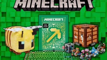 logo Minecraft su sfondo pixel verde e sotto diversi prodotti a tema Minecraft come la guida alla sopravvivenza, LEGO Banco da Lavoro, peluche Ape e tastiera Razer