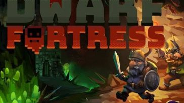 Copertina dwarf fortress con logo gioco e nano con spada e scudo che corre in una caverna