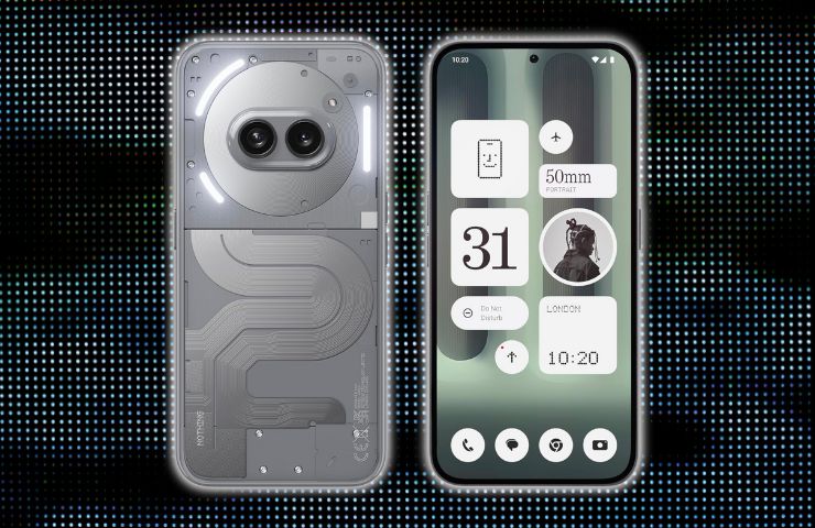 Nothing Phone 2a Plus 12 avanti e dietro su sfondo nero con luci neon