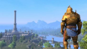 Cavaliere con armatura d'oro di spalle su una collina, che osserva una torre in lontananza