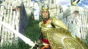 cavaliere con armatura dorata, con spada e scudo dorato e alle spalle una montagna