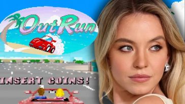 Sidney sweeney che guarda di lato, di sfondo copertina gioco out run 1986