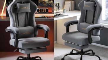 sedia da gaming Woltu grigia e imbottita in due angolazioni: una in postazione gaming digitale e l'altra postazione di lavoro ufficio