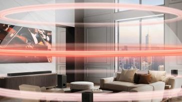 salotto con divano e televisore e una soundbar con onde sonore che mostrano la diffusione dell'audio in tutta la stanza