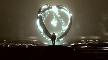 protagonista di starfield che passeggia verso un nucleo di energia luminoso