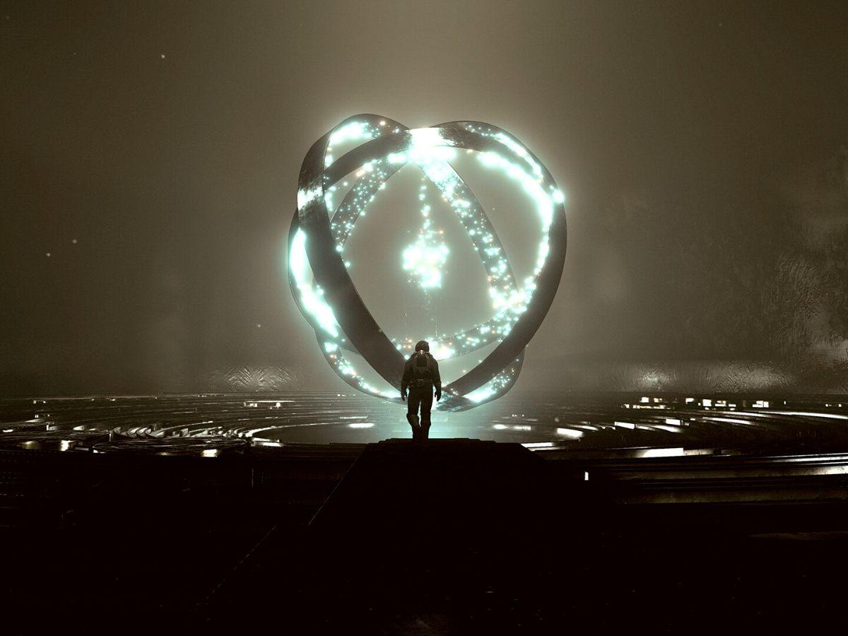 protagonista di starfield che passeggia verso un nucleo di energia luminoso