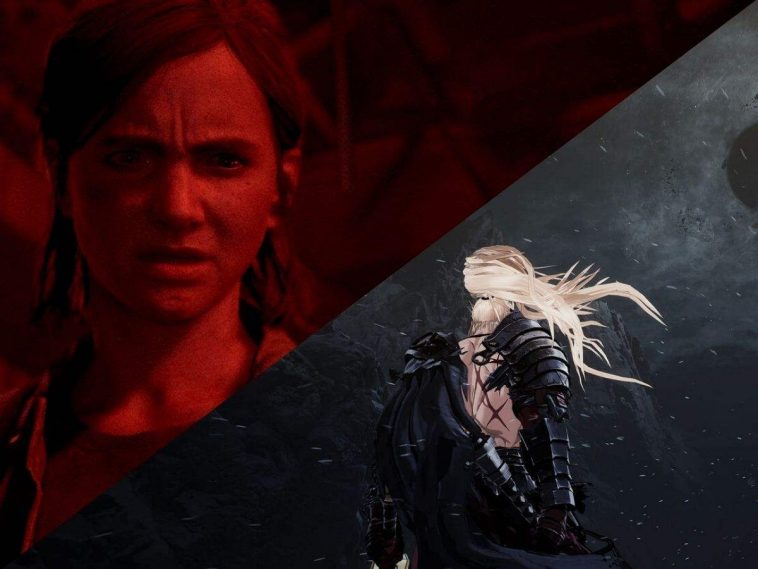 immagine divisa in diagonale in due: da una parte Ellie di The Last of Us, dall'altra protagonista di The Berserker: Khazan di spalle