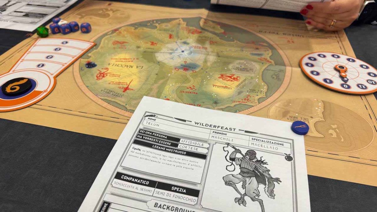 Tavolo demo di Wilderfeast con mappa del mondo, indicatore di posizione, dadi, timer degli eventi, segnalini e schede dei personaggi.