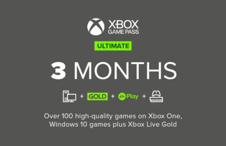 infografica Xbox Game Pass ultimate con logo Xbox, scritta "3 Months" e tutte le funzionalità su sfondo grigio scuro