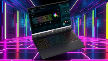 Acer Predator Helios Neo 14 su sfondo vaporwave RGB