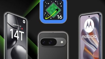 Logo Android 16 con tre smartphone: xiaomi14t, google pixel 9 visto da dietro e motorola edge 50