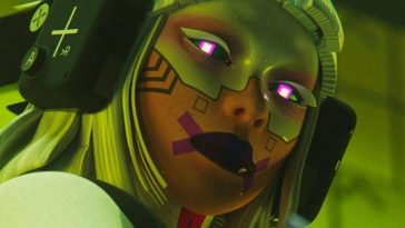 personaggio femminile di marathon con occhi laser viola