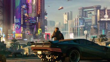 cyberpunk 2077 key art con macchina in mezzo alla strada in città futuristica e personaggio di spalle davanti alla macchina