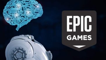 logo Epic Games accanto a un robot con cervello digitale