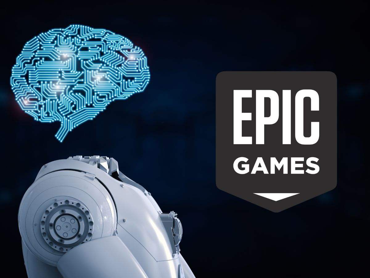 logo Epic Games accanto a un robot con cervello digitale