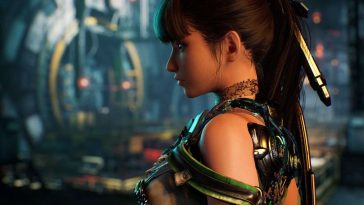 eve di stelar blade di profilo con outfit verde e nero