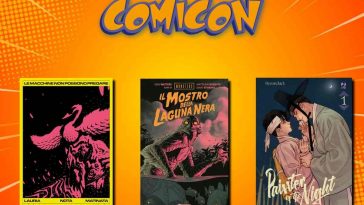 logo Comicon su sfondo arancione e tre fumetti in primo piano