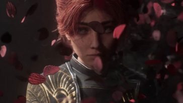 Maelle con petali rossi davant al viso