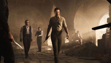 Enzo Favara con un coltello in mano in mezzo ad altri personaggi di Mafia: Terra Madre in una cantina