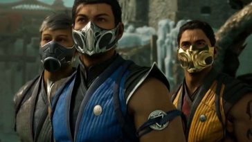 tre personaggi di mortal kombat: uomo con maschera e completo blu, uomo con maschera e completo giallo, uomo con maschera e completo nero