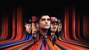 keyart di MotoGP25 con cinque piloti in primo piano e strisce di velocità e tre moto