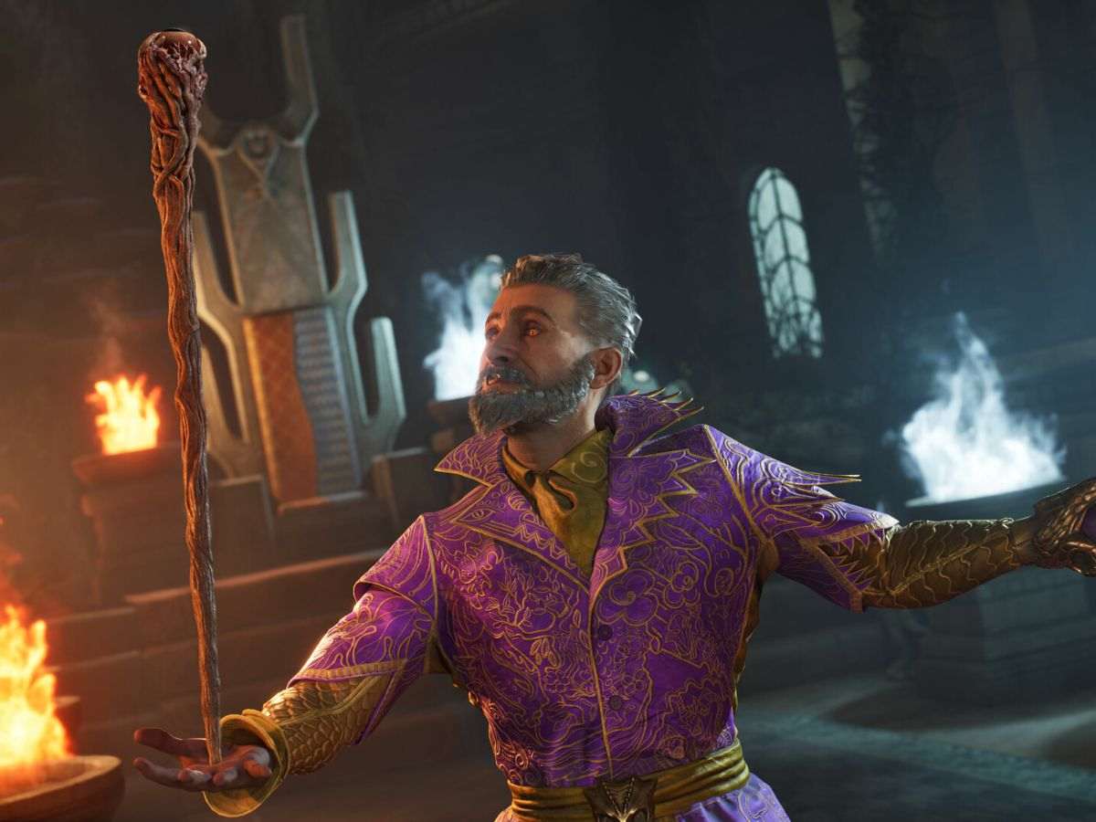 stregone di Oblivion con in mano uno scettro infuocato