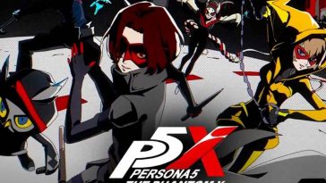 logo persona 5 the phantom x con personaggio con tuta nera e maschera rossa con pistola in mano, alle spalle personaggio femminile con tuta gialla, personaggio femminile capelli lunghi neri e maschera rossa