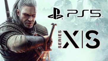 The Witcher 3 Geralt di Rivia con affianco i loghi di ps5 e xbox series