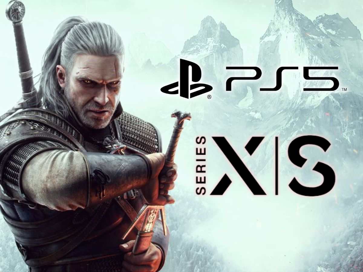 The Witcher 3 Geralt di Rivia con affianco i loghi di ps5 e xbox series