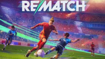 scritta "rematch", giocatore con divisa blu tenta di fare scivolata su giocatore con divisa rossa con palla al piede