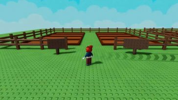 personaggio di roblox solo in campo verde con due recinti marrone di fronte