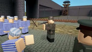 scenario di Roblox con militare con fucile e detenuto in ginocchio
