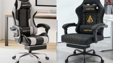 foto divisa a metà con due sedie da gaming in stanza