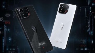 ASUS ROG Phone che fluttuano versione nera e versione bianca su sfondo che richiama una città futuristica