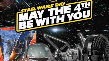 logo amazon su slogan "may the force be with you" con prodotti star wars su sfondo stellare