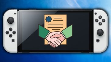 Switch OLED con simbolo di due mani che si stringono su un contratto