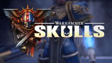 logo Warhammer Skulls 2025, sullo sfondo soldato di Space Marine