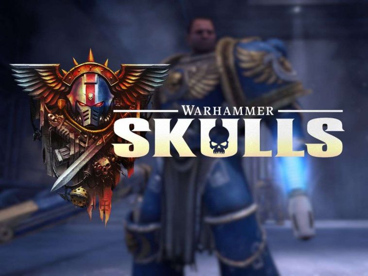 logo Warhammer Skulls 2025, sullo sfondo soldato di Space Marine