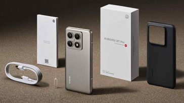 smartphone Xiaomi 14Tpro in verticale su un piano con confezione, batteria, cover e accessori