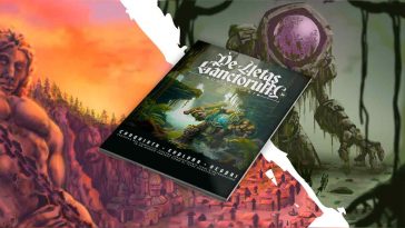 Due illustrazioni spaccate a metà, a sinistra una città, a destra un grosso golem con una sfera violacea arcana. Al centro l'anteprima del quickstart del manuale